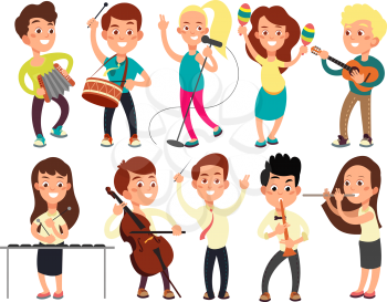 Schoolkids playing music on stage. Children musicians performing music show. Musical guitar and musician, playing and performance concert. Vector illustration