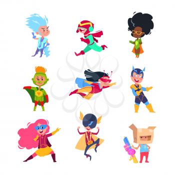Superhero kids. Children wearing in superheroes costumes. Carton cosplay vector characters set. Illustration of superhero costume for boy and girl