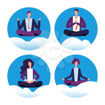 Meditation yoga businesspeople vector icons. Office workers avoid stress. Vector concept of office yoga, business meditation illustration