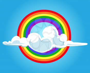 Circle rainbow and clouds blue sky. Nature bright colorful background. Vector illustration