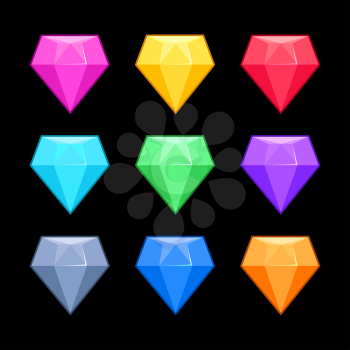 Colorful vector diamonds isolated over black, game elements. Collection of gem for interface game illustration