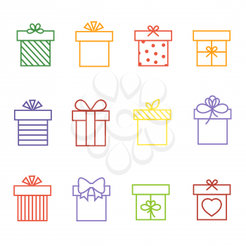 Vector multicolor gift boxes to birthday or xmas thin line icons set illustration