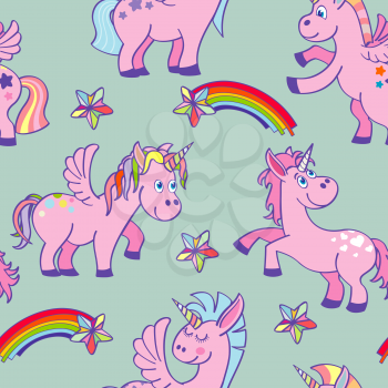 Pastel colored vector hand drawn unicorns seamless pattern. Background miracle and fantasy illustration