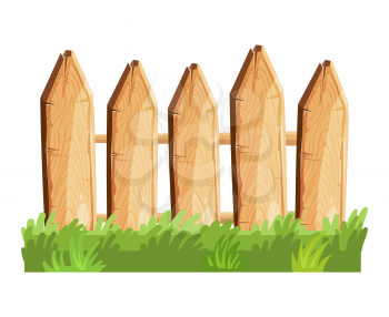 Cartoon rural wooden fence in green grass vector illustration. Wood farm fence outdoor