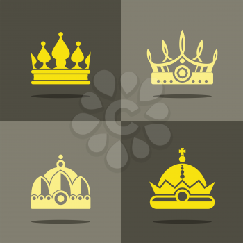 Yellow crown icons with shadow. Royal crown for prince, vector illustration