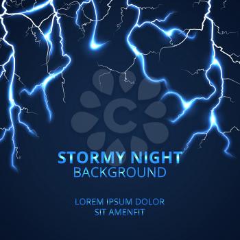 Stormy night with striking lightnings background. Electricity power and bright energy, vector illustration