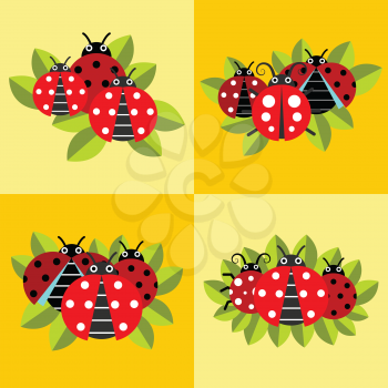Ladybugs on green leaves on yellow background. Insect with red wings. Vector illustration