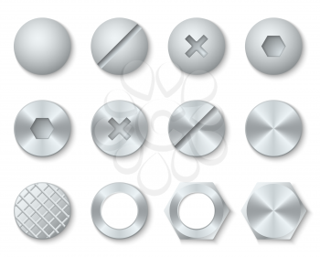 Steel screws, nuts, bolts, rivets heads vector. Set of fixing accessories illustration