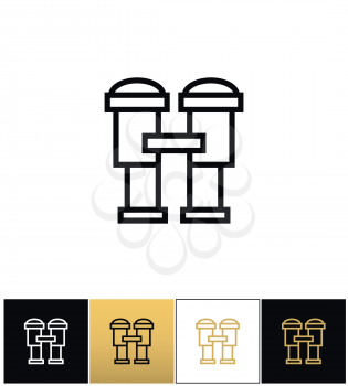 Binoculars sign or find looking and watch vector icon. Binoculars sign or find looking and watch pictograph on black, white and gold background