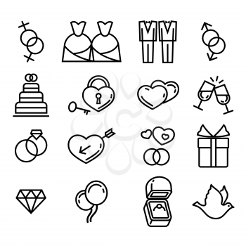 Vector gay wedding icons set linear style on white background illustration