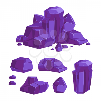 Set of vector purple crystals white background. Collection of bright stone illustration