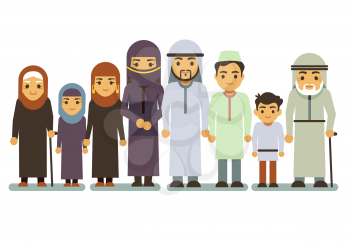 Arab happy smiling family vector characters. Islamic parents, saudi man, woman, children, teen. Islamic family parens and children, illustration of muslim big family