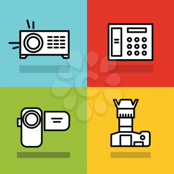 Household appliances icons with black stroke on color background. Photo and video camera. Vector illustration