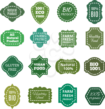 Vintage natural organic bio product green tag, labels, emblems and badges. patches with seam, healthy food and farm fresh product. Vector illustration