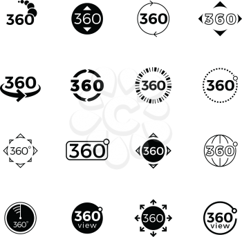 360 degrees angle view, rotate vector icons set. Rotate and turn panorama illustration