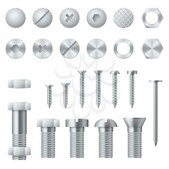 Screws, bolts, nuts, nails and rivets for fastening and fixing. Vector illustration design elements