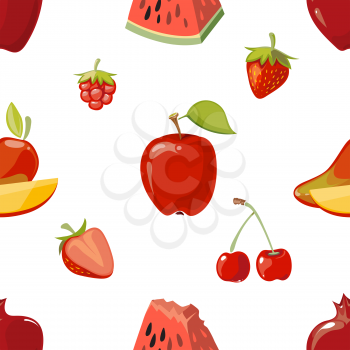 Red fruits seamless pattern over white background. Mango apple and cherry. Vector illustration
