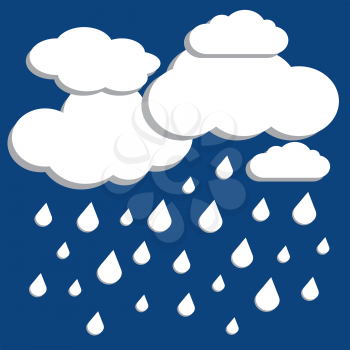White vector clouds with falling rain over blue background. Cloudy and rainy weather illustration