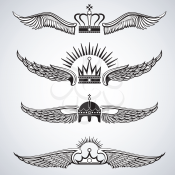Wings with crowns vector emblems. Set of decorative tattoo illustration