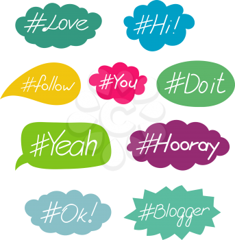 Hashtag words in speech bubble vector set. Hash tag message wording illustration