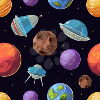 Cartoon space with planets, spaceships, ufo vector seamless background. Exploration galaxy in computer game illustration