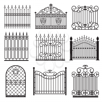 Decorative black silhouettes of fences with gates vector set. Decoration architecture lattice structure illustration