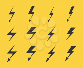 Set of vector black color lightnings over yellow background illustration