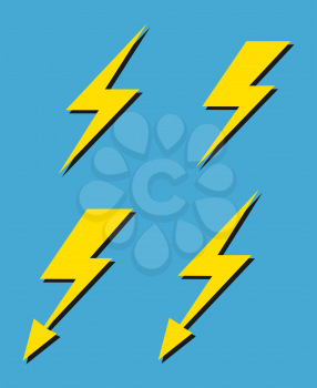 Set of vector yellow lightnings isolated on blue background illustration