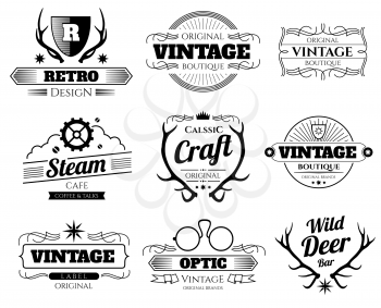 Vintage vector hipster logos and labels set with deer horns. Hipster logo for boutique or cafe, ilustration of emblem with horns