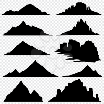Mountain ranges black vector silhouettes set, overlook hiking landscape. Black silhouettes mountain landscape, nature mountain hill peak illustration