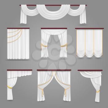 White curtains drapery for wedding room and windows vector set. Textile silk curtains for interior, illustration of luxury curtains decoration