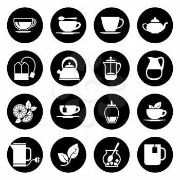 Tea vector icons set in black and white. Hot black cup tea illustration
