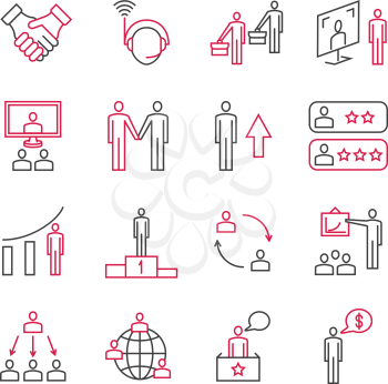 Business analysis and expert support of customers, teamwork and leadership vector pictograms. Business management, illustration of partnership and corporate in business