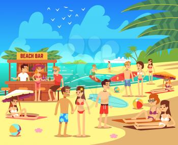 Summer sea beach with sunbathing relaxing young women and men vector illustration. Summer beach with people, ocean vacation and travel on beach