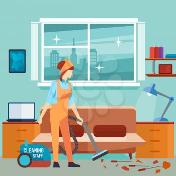 Flat woman vacuum cleaner in room - cleaning woman vector character. Housework service, work cleaner illustration