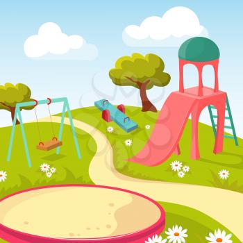 Recreation children park with play equipment vector illustration. Playground for game recreational
