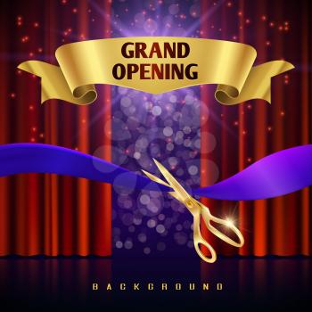 Grand opening vector concept with red curtains. Grand event open with red curtain and cut ribbon illustration