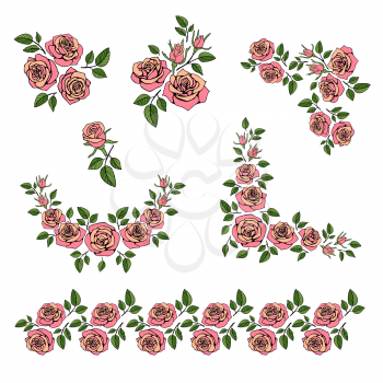Romantic wedding bouquet with red roses vector set. Tea-rose blossom, frame corner form rose illustration