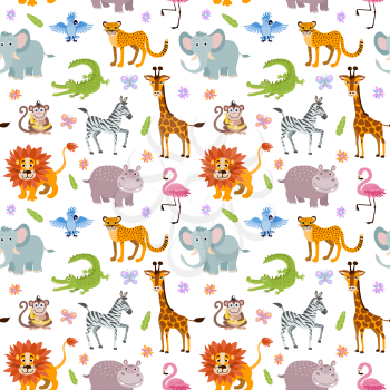 Children seamless vector wallpaper with cute and funny baby savanna animals elephant, alligator and hippo, illustration of africa animals