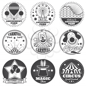 Amusement park, circus and carnival vector vintage emblems and labels. Festival and circus badge, illustration of entertainment and carnival show