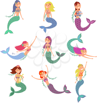 Cute fish girls vector characters. Swimming pretty princess mermaids. Fish woman character, illustration creature mermaids