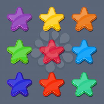 Vector cartoon color glossy stars, shiny buttons. Set of star for ui, illustration of stars for design game interface