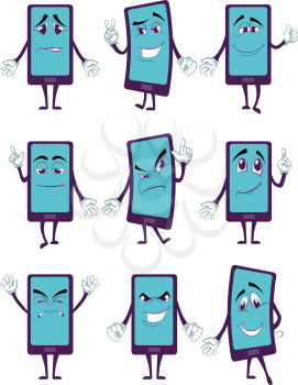Happy smartphone cartoon character with legs and hands in various poses vector set. Mobile cell phone with happy face, device phone for communication illustration