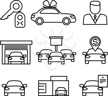 Car dealerships, purchase and sale of cars line vector icons for automobile shop, dealer car sales illustration