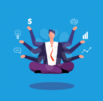Multitasking businessman. Manager sitting in yoga lotus pose and juggles with tasks. Effective management vector concept. Illustration of businessman lotus multitasking, business sitting relax pose