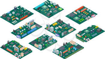 Circuit board isometric. Electronic computer components motherboard. Semiconductor microchip, diode. Hardware vector parts. Illustration of electronic motherboard and isometric processor and microchip