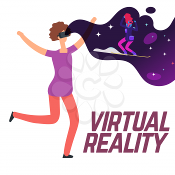 Girl skiing with virtual reality glasses vector concept. Girl with vr gadget, headset glasses illustration