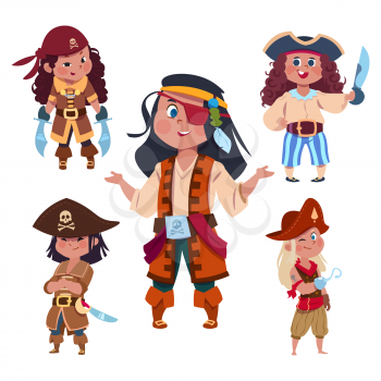 Cartoon character girl pirates isolated on white background. Illustration of pirate character with hook and sabre, pirating costume carnival