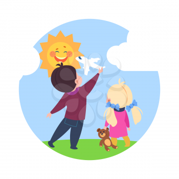 Cartoon character little dreamers, boy and girl playing outside vector illustration. Girl and boy play with toys