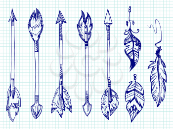 Ballpoint pen feathers and arrows set on notebook page. Arrow feather drawing, indian and aztec arrowhead illustration